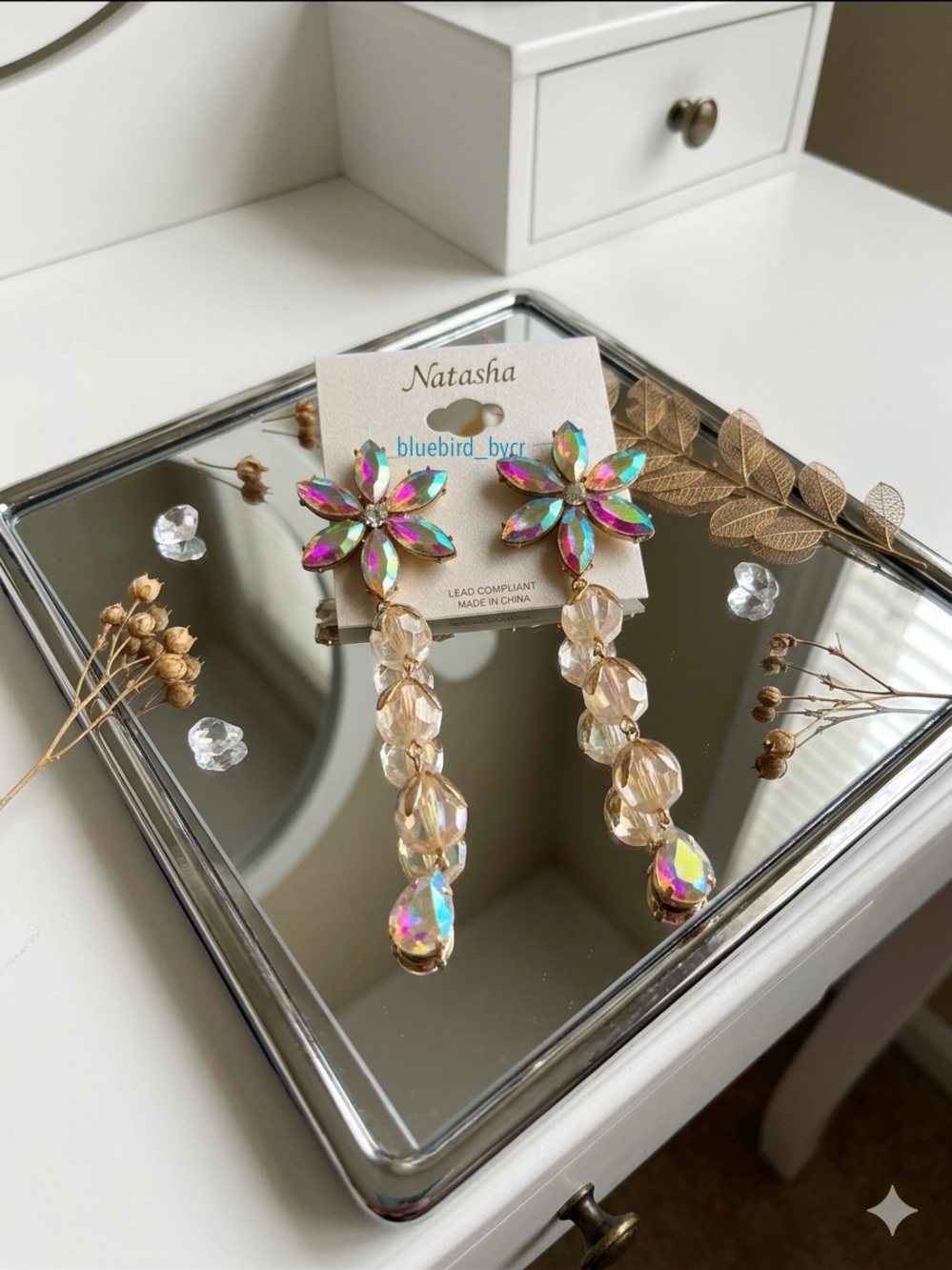 Natasha Couture Iridescent Floral Crystal Drop Earrings